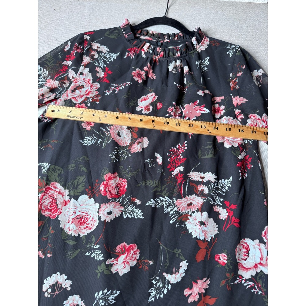 Loft Outlet Women Black Pink Floral Ruffle Neck Long Sleeve Shift Dress Size 4 - Picture 5 of 7
